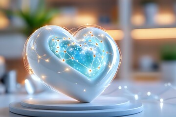 Poster - Glowing blue heart constellation enclosed in transparent glass heart on white pedestal with magical sparkles and bokeh lights creating romantic atmosphere.