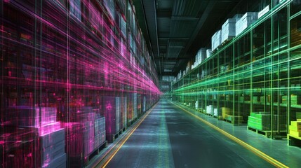 Poster - Shipping warehouse with clearly marked aisles and digital supply chain display