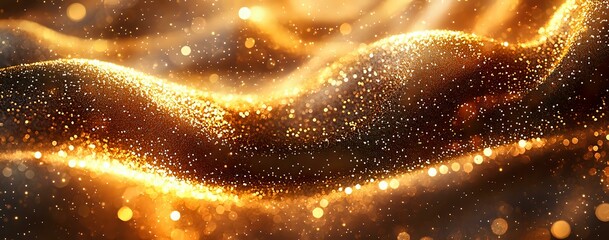 Poster - Glowing golden waves with sparkling particles flow through dark space creating magical abstract background with bokeh light effects and shine.