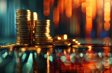 Poster - Stacks of golden coins reflecting on glossy surface with vibrant bokeh lights in turquoise and orange creating magical financial atmosphere.