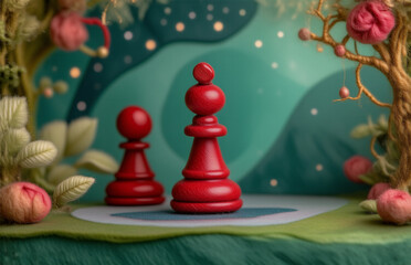 Aufkleber - A whimsical scene presents two red chess pieces in a nature-inspired setting, showcasing fantasy elements. The pieces are placed on a stage-like platform.