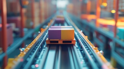 Poster - Warehouse filled with stacked pallets and automated conveyor belts representing efficient logistics
