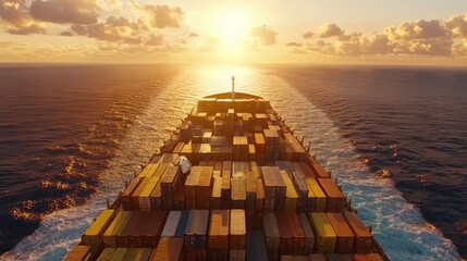 Poster - Wide shot of a cargo ship loaded with intermodal containers heading to port