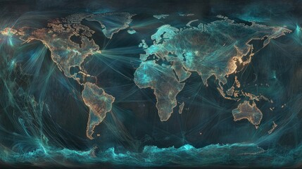 Poster - World map with glowing lines connecting continents, symbolizing global shipping routes