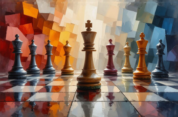 Aufkleber - A majestic king chess piece stands at the center of a vibrant, abstract chessboard.  Surrounding it are other chess pieces, reflecting in a glossy surface, creating a dynamic and colorful composition.