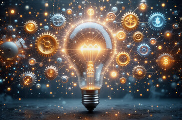 Poster - a bright light bulb illuminates, radiating with energy, surrounded by interconnected gears and glowi