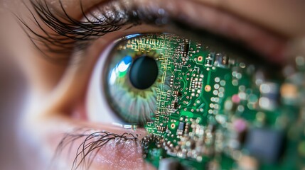 Poster - Human Eye Closeup Green Iris Circuit Board Technology Digital Futuristic Biometric Advanced Innovation Artificial Intelligence Modern Science Medical 