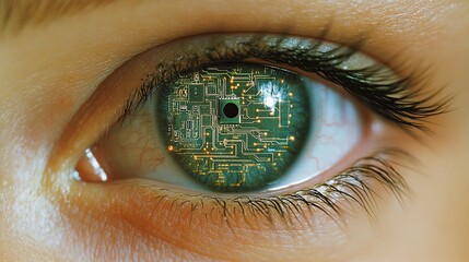 Poster - Human Eye with Circuit Board Digital Art Green Iris Technology Futuristic Biometric Closeup Detailed Modern Graphic Design Abstract Neural Network    