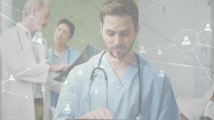 Poster - Medical team collaborating in hospital, showing stethoscope, tablet and network nodes