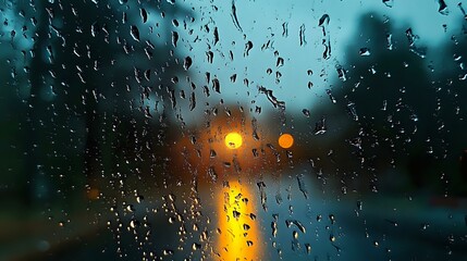 Poster - Raindrops on window glass with blurred city lights creating bokeh effect in evening. Moody atmospheric scene with water droplets reflecting golden glow.