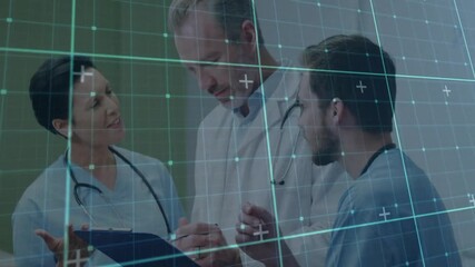 Poster - Medical team discussing chart indoors, holding clipboard and stethoscopes, displaying grid overlay