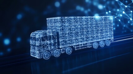 Poster - Digital wireframe truck on dark blue background with glowing network connections and bokeh lights illustrates modern logistics and smart transportation technology.