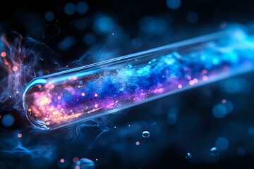 Poster - glowing test tube with magical colorful substance emitting blue and pink light against dark backgrou