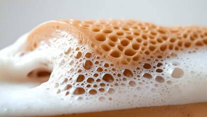 Poster - Macro shot of soap foam bubbles creating abstract honeycomb pattern in peach and white tones, showing delicate surface tension and organic shapes.