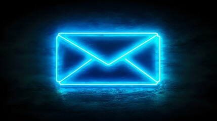 Poster - glowing blue neon mail envelope icon on dark background with reflection, modern digital communicatio