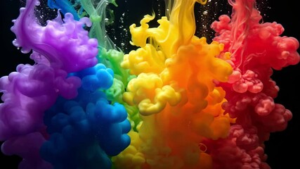 Poster - Bright colorful ink swirling in water creating beautiful abstract patterns and textures in vibrant shades of blue, green, yellow, red, and purple tones