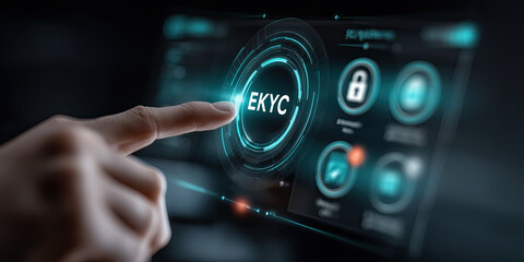 Poster - hand is pointing at digital screen displaying E KYC with futuristic interface elements