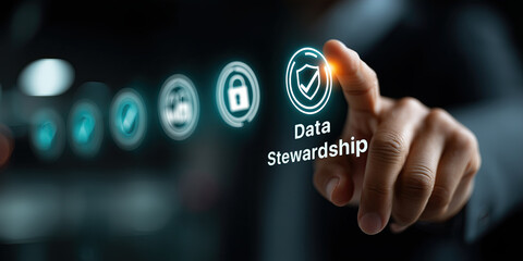 Poster - hand is pointing at digital screen with interactive icons, emphasizing data governance stewardship ownership