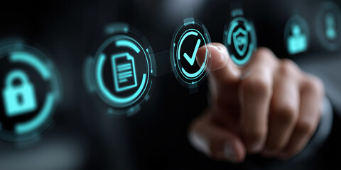 Poster - hand is pointing at digital screen with interactive icons, including checkmark data stewardship