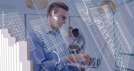 Poster - business team collaborating in modern office, showcasing floating data charts and digital graphs