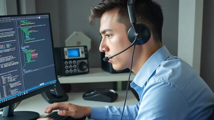 Poster - Young man wearing headset working on computer coding in modern office with programming language on screen focused on software development task and remote collaboration