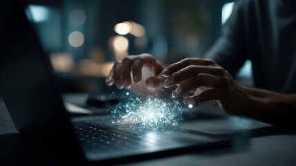 Poster - Hands Interacting with Glowing Digital Particles on Laptop Keyboard