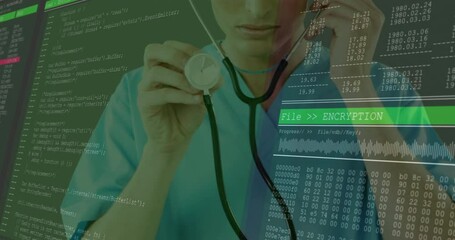 Poster - Male healthcare professional holding stethoscope, showing code and encryption bar in medtech scene