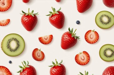 Poster - A vibrant flat lay showcasing whole and sliced strawberries, kiwi fruit, and blueberries arranged on a white background.  The composition is visually appealing, emphasizing the freshness and color of 