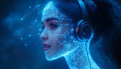 Poster - Profile view of woman wearing headphones with glowing digital network pattern overlay on face against dark blue background with constellation effects.