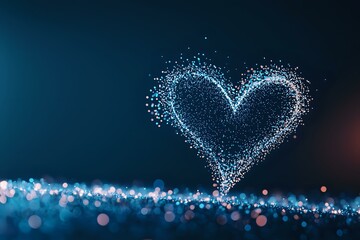 Poster - magical glowing heart shape formed by sparkling particles floating above blurred bokeh surface in de