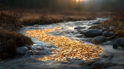 Poster - Sunlight reflects on flowing stream creating golden path through rocky riverbed at sunset, mystical autumn nature scene with dark moody atmosphere.