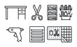 © Viacheslav - Craft room essentials outline icons set - line style diy crafting tools and supplies: desk, scissors, fabric shelf, hot glue gun, storage drawers, craft supplies