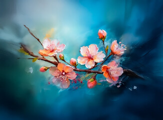 Fototapete - A colorful blossom branch displays delicate petals against a gradient of vivid teal, embodying the essence of new beginnings. Hints of coral and peach enhance the floral arrangement's charm.