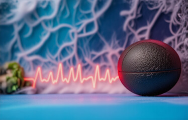 Poster - A dark sphere rests on a surface, a red heartbeat line pulses nearby against a blurred, abstract blue and white background resembling neural pathways.  The image suggests concepts of health, technolog