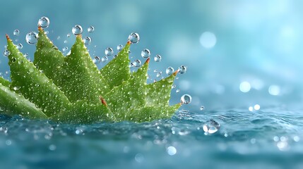 Poster - Water splash crown with floating droplets and green leaf creating dynamic motion effect against turquoise bokeh background. Fresh nature concept.