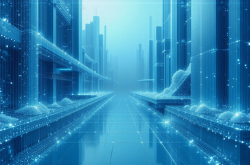 Poster - futuristic blue cityscape with glowing lights creates a digital, technological, and abstract scene w