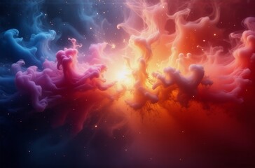 Poster - A vibrant nebula, swirling with shades of blue, pink, and orange.  The colors blend and contrast, creating a cosmic dance of light and energy.  A bright core glows at the center.