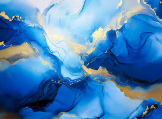 Poster - Vibrant abstract artwork showcasing flowing blues and gold hues. The fluid art piece evokes a sense of energy. hint: it is made by using ink art.