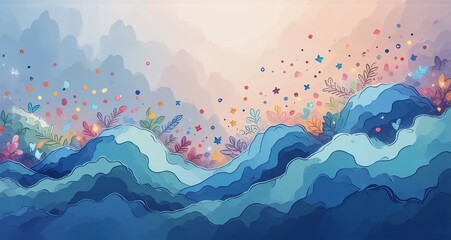 Fototapete - An abstract watercolor landscape hints at a serene ocean scene with rolling blue waves. Colorful, whimsical shapes float in the air, and playful floral elements decorate the waves.