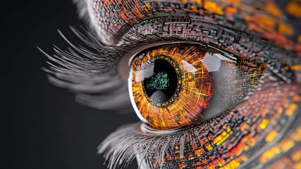 Poster - Intricate Close-Up of a Human Eye with Digital Elements and Futuristic Motifs in a Vivid, Abstract Style