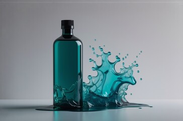 Leinwandbilder - A teal glass bottle rests on a surface, partially submerged in a dynamic splash of the same vibrant liquid.  The scene is minimalist and clean, highlighting the liquid's texture and the bottle's sleek