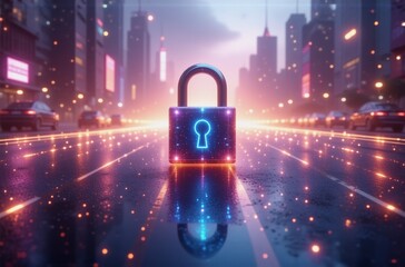 Aufkleber - A glowing padlock sits on a futuristic city street at night, reflecting in the wet pavement.  Neon lights illuminate the urban scene, symbolizing digital security in a modern metropolis.