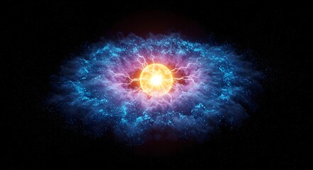 Poster - Glowing orb surrounded by blue nebula and lightning on a dark background in space scene view