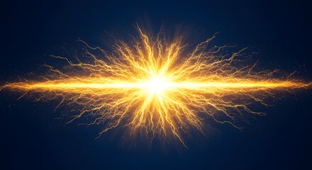 Poster - A bright flash of golden lightning striking horizontally against a dark blue background space art