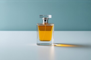 Fototapete - A sophisticated amber perfume bottle sits on a minimalist, light blue surface, bathed in soft, warm light.  The glass is clear, showcasing the golden liquid inside.