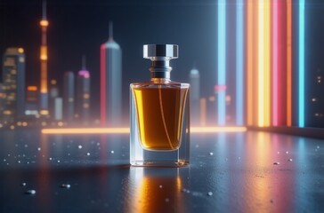 Poster - A perfume bottle with amber liquid sits on a reflective surface, showcasing a futuristic cityscape backdrop with vibrant neon lights.