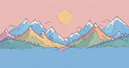 Poster - Animated pastel scenery features a mountain range, a setting sun, and a river flowing towards the viewer. The sky transitions from pink to blue. This vibrant landscape suggests peace and harmony.