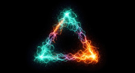 Poster - A glowing triangle formed by electric arcs with a gradient of colors on a black background