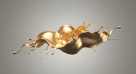 Poster - A golden liquid splash with droplets floating in the air against a neutral gray background studio shot