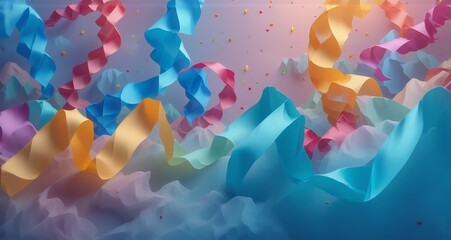 Poster - Hints: Ribbons, colors, and celebration.

Image depicts floating, colorful ribbons suggesting celebration. Spiraling and flowing, ribbons create dynamic shapes amidst a soft, dreamy background.